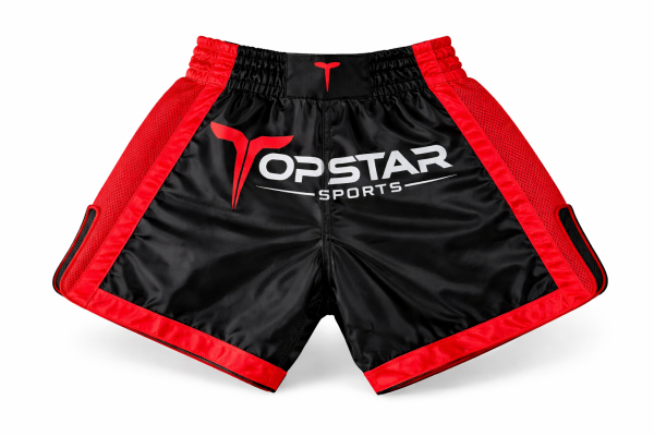 Kick-Thai-Box Shorts, 100% Satin, schwarz/rot mit roten Mesh, MODELL: BLOOD STYLE