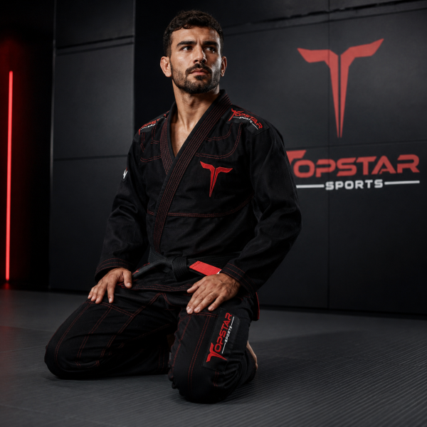 BJJ Anzug, 350gsm Baumwolle/Coral Weave, schwarz/rot, MODELL: FIGHTER