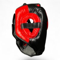 Kopfschutz, schwarz/rot, Leder