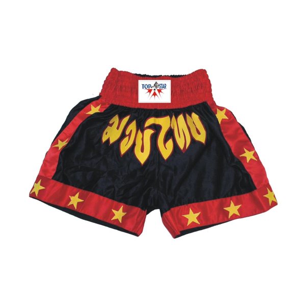 Thai-Box Shorts, schwarz/rot, gelbe Sterne